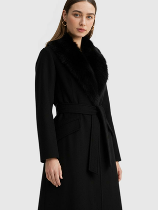 Women's Black Faux Fur Collar Long Wool Blend Winter Coat - Premium Quality, Fast Shipping