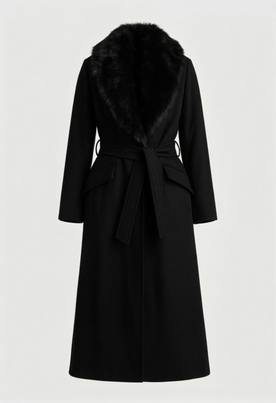 Coat : Women's Black Faux Fur Collar Long Wool Blend Winter Coat - Premium Quality, Fast Shipping in Black van Vanda Liamo