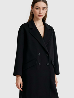 Women's Long Black Winter Coat with Fold-Over Collar