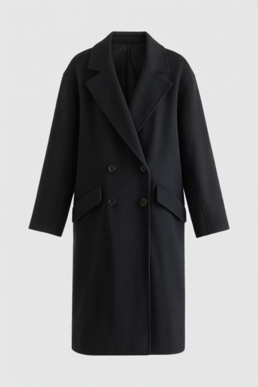 Coat : Women's Long Black Winter Coat with Fold-Over Collar in Black van Vanda Liamo