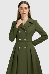 Women's Army Green Double-Breasted Trench Coat with Belt, Warm Lining & Pockets