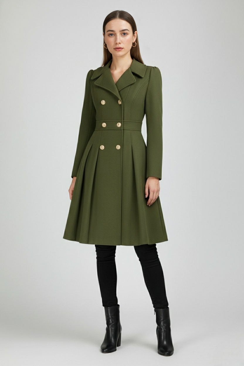 Coat : Women's Army Green Double-Breasted Trench Coat with Belt, Warm Lining & Pockets in van Vanda Liamo