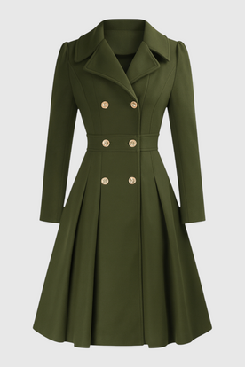 Coat : Women's Army Green Double-Breasted Trench Coat with Belt, Warm Lining & Pockets in Army Green van Vanda Liamo