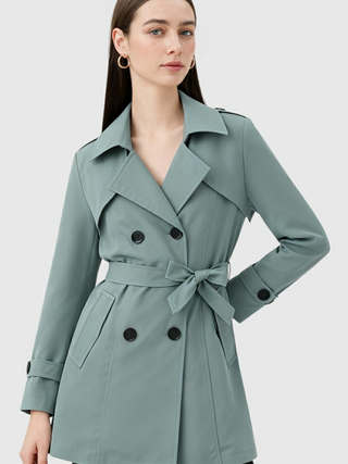 Women's Light Green Belted Trench Coat - Classic Mid-Length Spring Outerwear