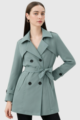 Women's Light Green Belted Trench Coat - Classic Mid-Length Spring Outerwear