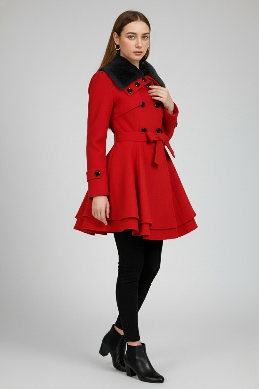 Coat : Women's Red Wool Blend Winter Coat - Warm & Stylish, Sizes S-XL in van Vanda Liamo
