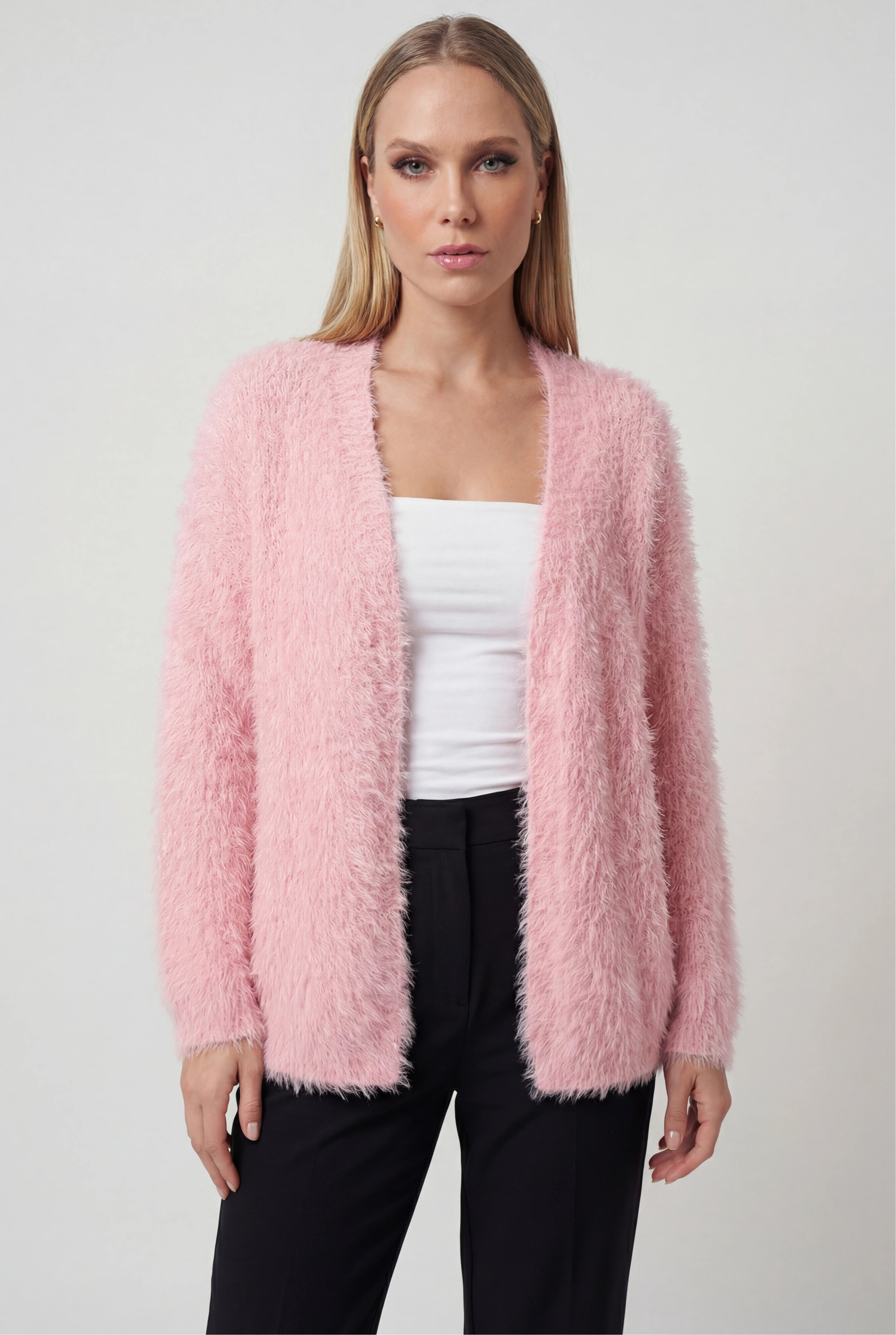 Cardigan : Women's Pink Acrylic Knit Button-Front Warm Cardigan Sweater in van Vanda Liamo