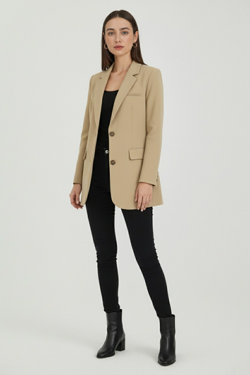 Coat : Women's Slim Fit Beige Blazer Jacket - Lightweight & Stylish in van Vanda Liamo