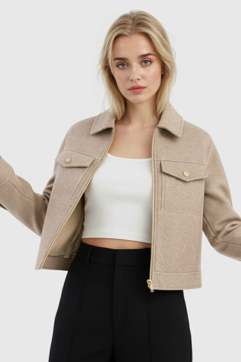 Jacket : Women's Beige Soft Zip-Up Jacket in van Vanda Liamo