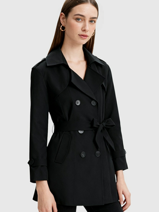 Women's Black Double-Breasted Trench Coat - Mid-Length, Water-Resistant