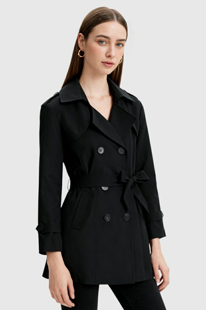 Coat : Women's Black Double-Breasted Trench Coat - Mid-Length, Water-Resistant in van Vanda Liamo