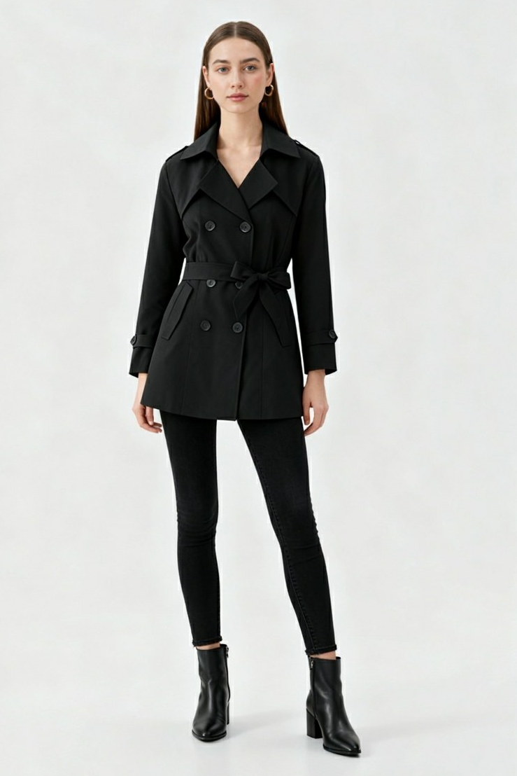 Coat : Women's Black Double-Breasted Trench Coat - Mid-Length, Water-Resistant in van Vanda Liamo