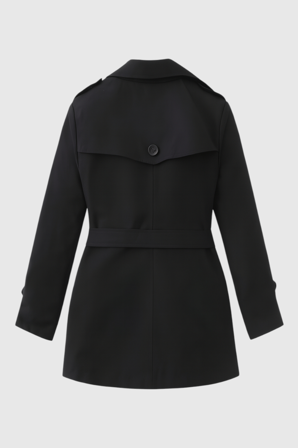 Coat : Women's Black Double-Breasted Trench Coat - Mid-Length, Water-Resistant in van Vanda Liamo