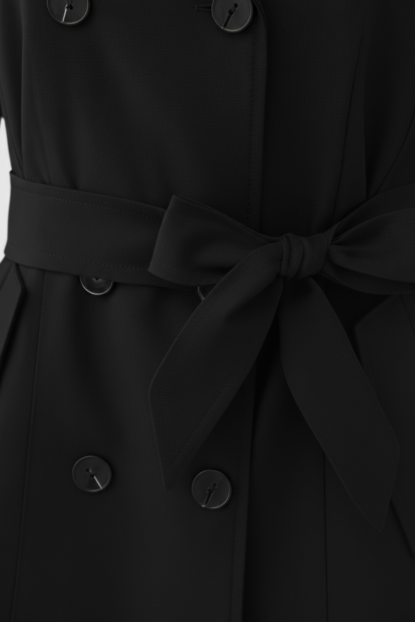 Coat : Women's Black Double-Breasted Trench Coat - Mid-Length, Water-Resistant in van Vanda Liamo