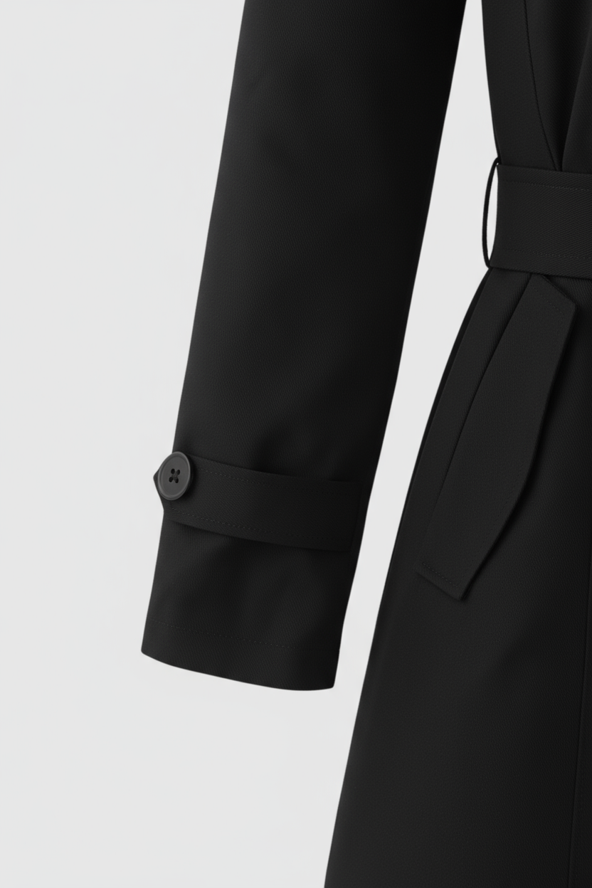 Coat : Women's Black Double-Breasted Trench Coat - Mid-Length, Water-Resistant in van Vanda Liamo