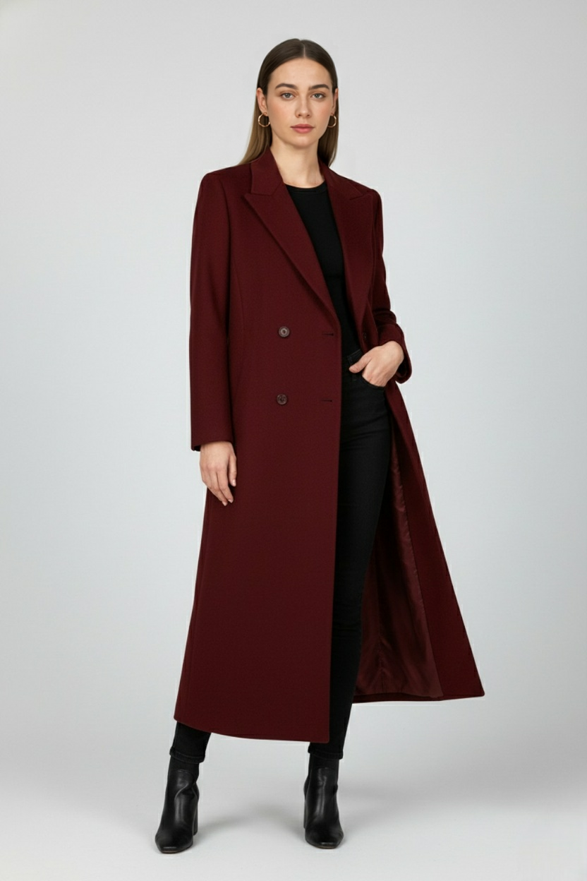 Coat : Women's Burgundy Slim-Fit Wool Blend Winter Coat - Warm & Stylish in van Vanda Liamo