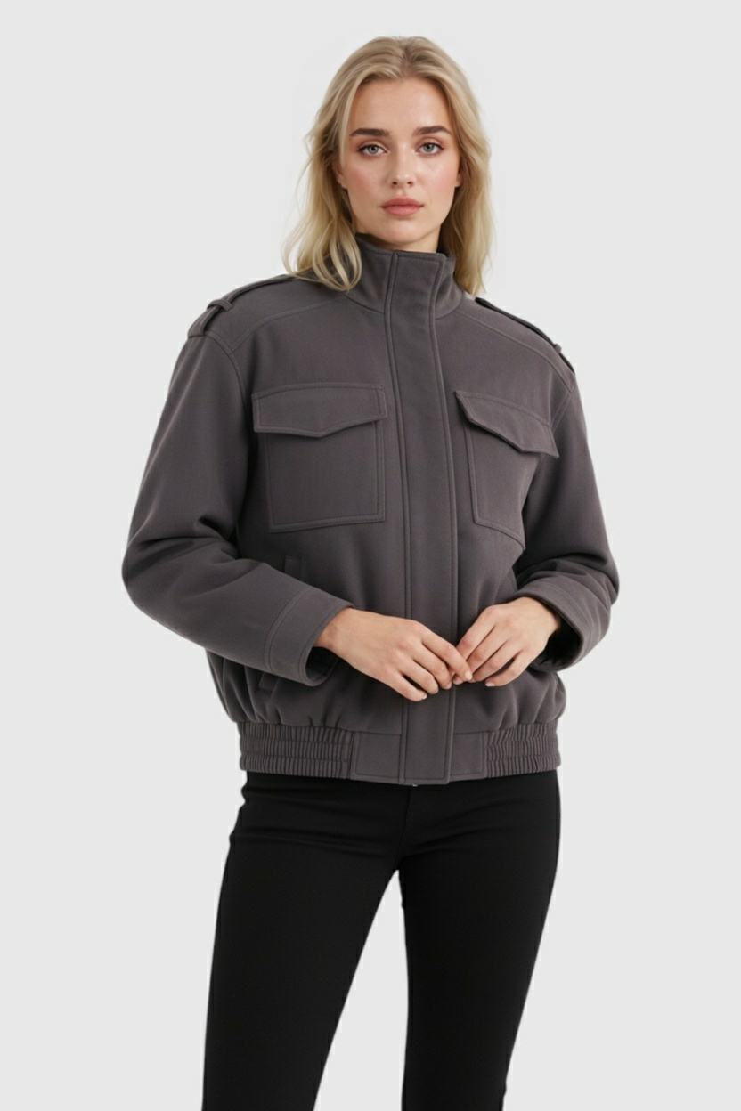 Jacket : Dark Gray Bomber Jacket with Stand Collar in van Vanda Liamo
