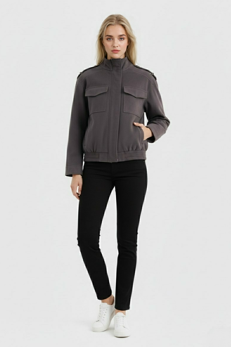 Jacket : Dark Gray Bomber Jacket with Stand Collar in van Vanda Liamo
