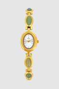 Elegant Oval Watch – Textured Bezel with Polished Cabochons