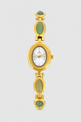 Elegant Oval Watch – Textured Bezel with Polished Cabochons