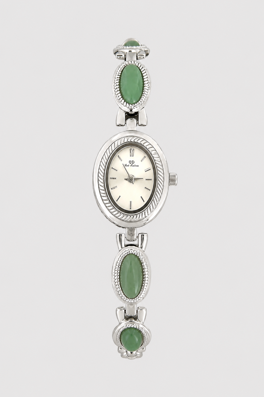 Elegant Oval Watch – Textured Bezel with Polished Cabochons