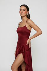Vestido de noche formal maxi para mujer en rojo vino con cordones y espalda descubierta