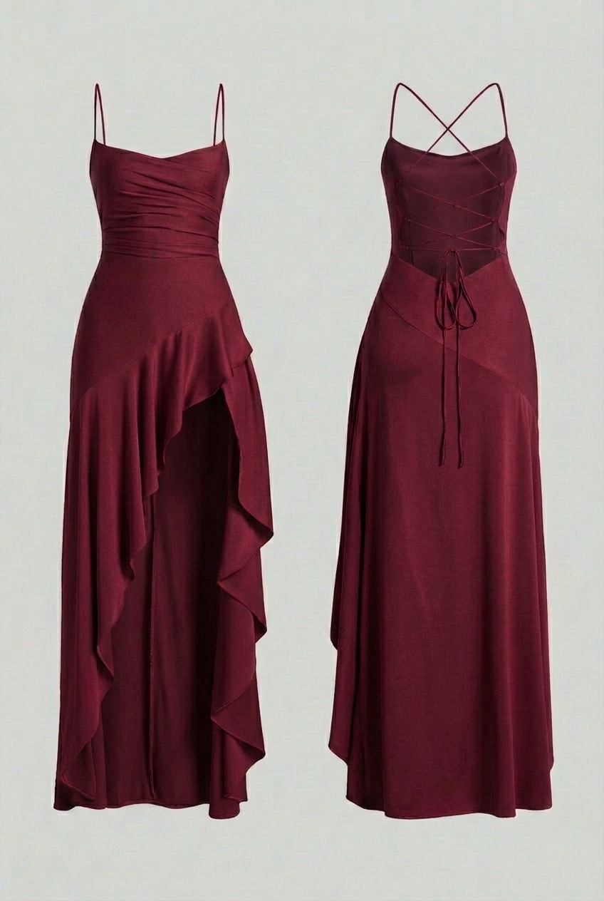 Maxi Dresses : Women's Wine Red Lace-Up Backless Formal Maxi Evening Gown Dress in Wine Red van Vanda Liamo