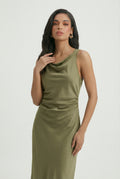 Women's Olive Green Cotton Summer Sundress - Casual Midi Tank Dress