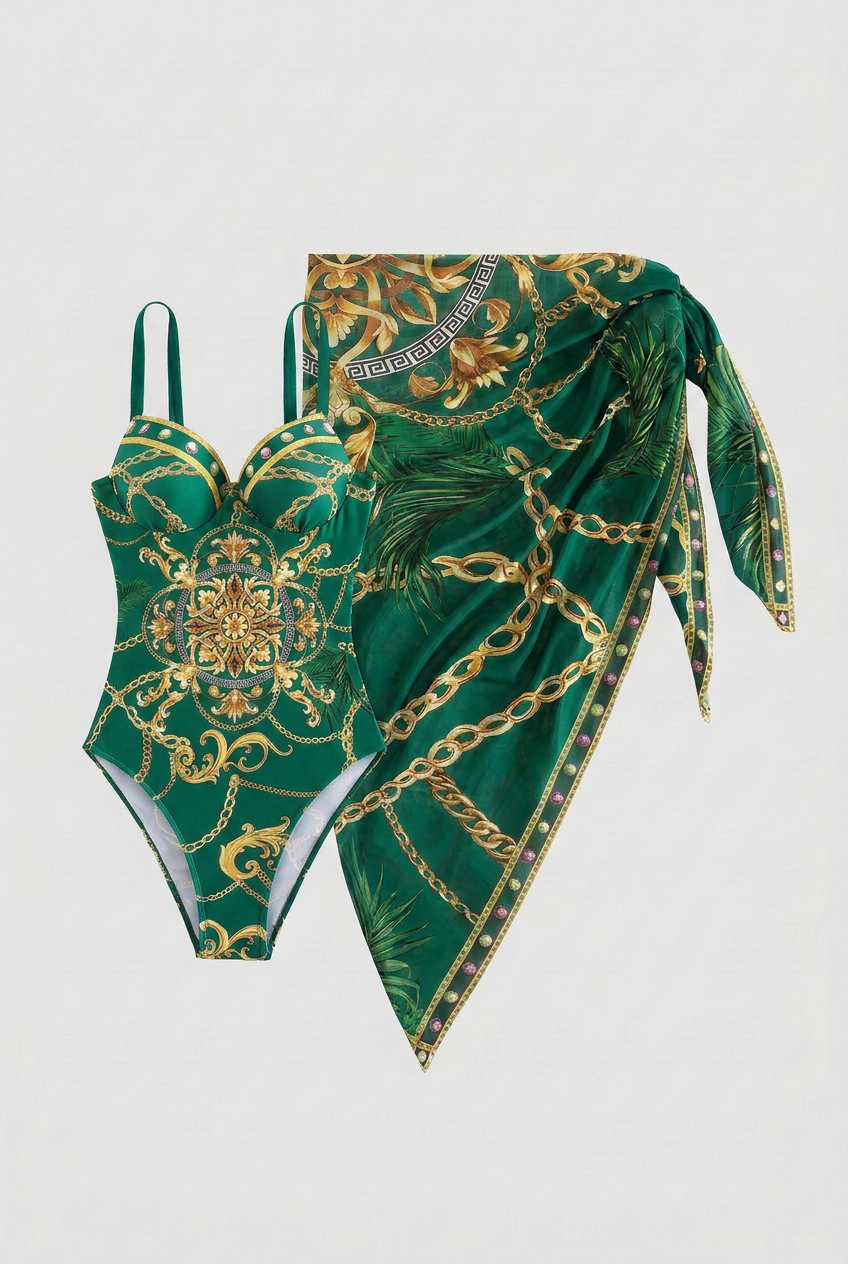 Swimwear : Women's Emerald Green Vintage Monokini Swimsuit with Sheer Wrap Skirt in Green van Vandaliamo