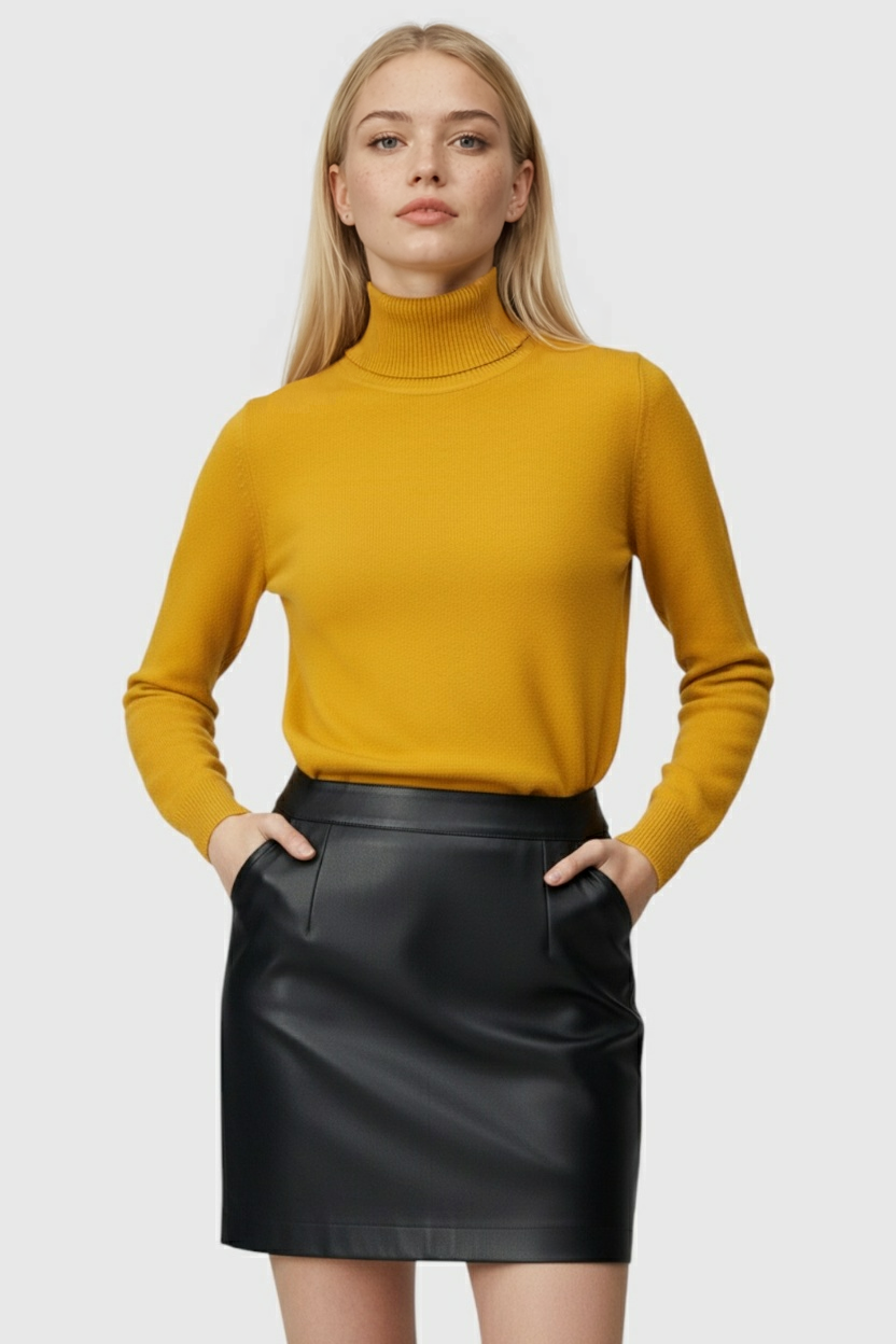 Women's Sweaters : Yellow Fleece Lined Thermal Turtleneck Sweater in van Vanda Liamo