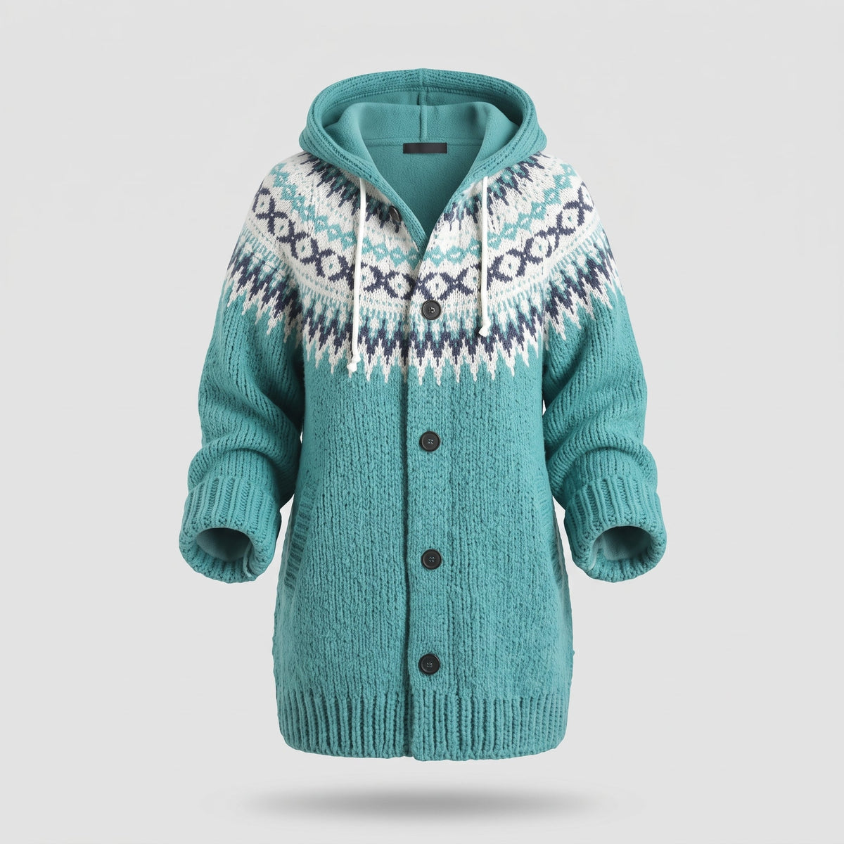 Fashion : Women's Hooded Knit Cardigan with Fair Isle Pattern in Teal Blue van Vanda Liamo