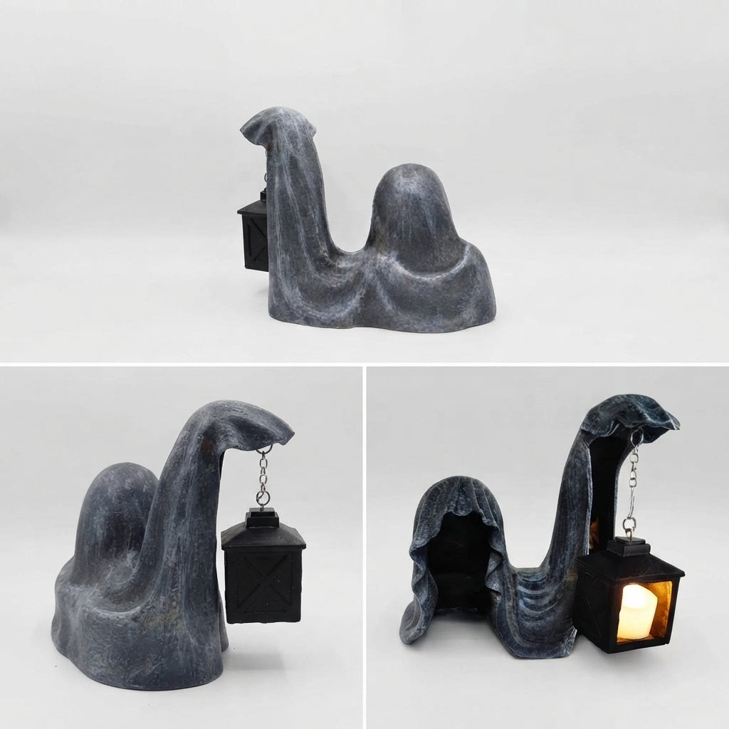 Ghost Figure with Lantern - Glowing Halloween Decoration Gray