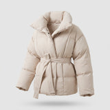 Women's Belted Puffer Coat with Stand Collar