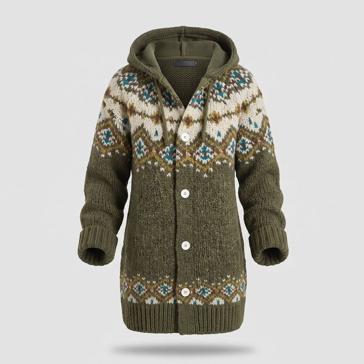 Fashion : Women's Hooded Knit Cardigan with Fair Isle Pattern in Green van Vanda Liamo
