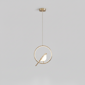 Pendant Light : Golden Bird Pendant Lamp – LED Sculpture Ceiling Light in Circle 29cm. Gold van Vanda Liamo