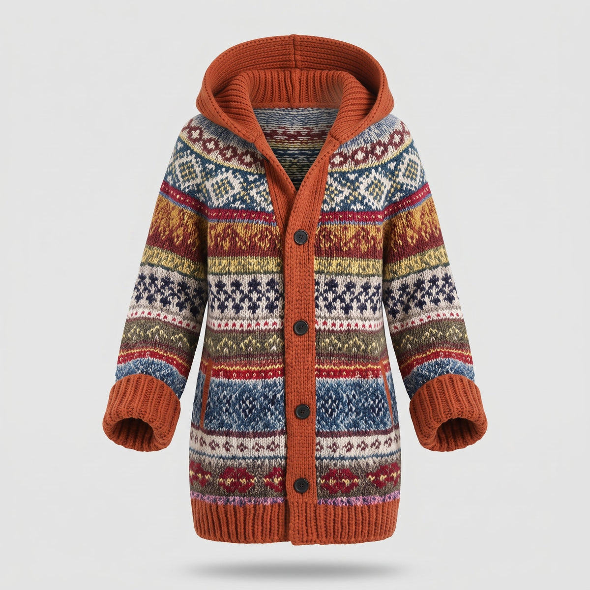 Fashion : Women's Hooded Knit Cardigan with Fair Isle Pattern in Orange van Vanda Liamo
