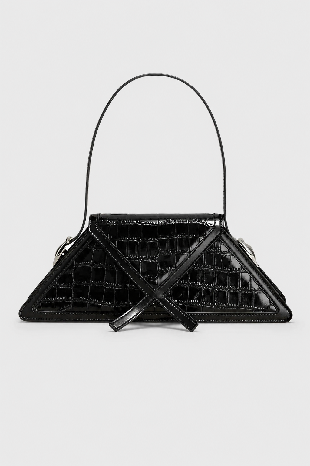 Geometric Triangular Mini Handbag – High-Shine Embossed Finish with Slender Handle