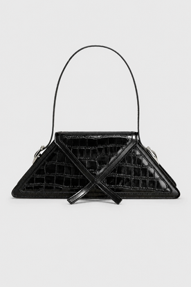 Bags : Geometric Triangular Mini Handbag - High-Shine Embossed Finish with Slender Handle in Black van Vandaliamo