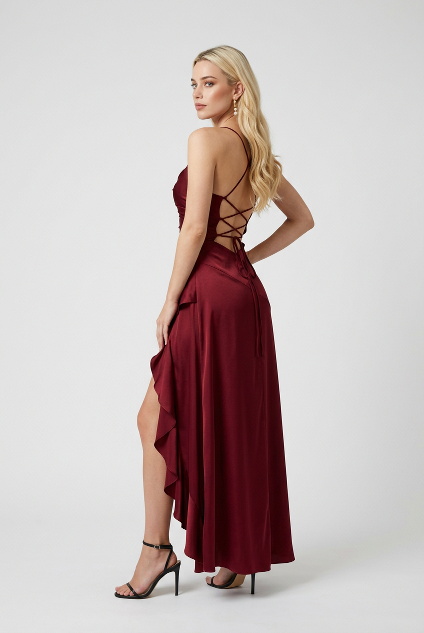 Maxi Dresses : Women's Red Asymmetric Hem Maxi Dress - Flowy & Elegant in van Vanda Liamo