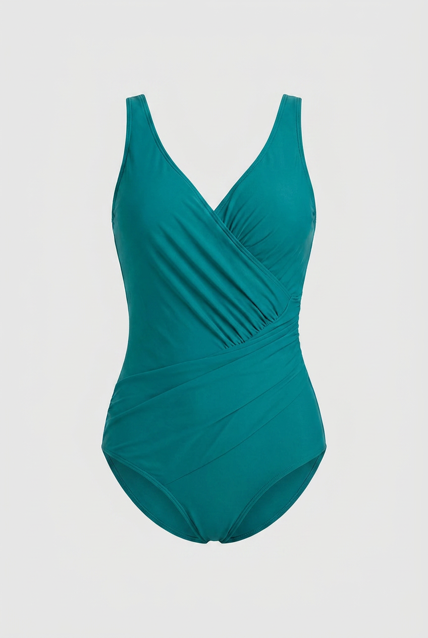 Swimwear : Green Ruched One-Piece - Elegant Wrap Front Swimwear in Green van Vandaliamo