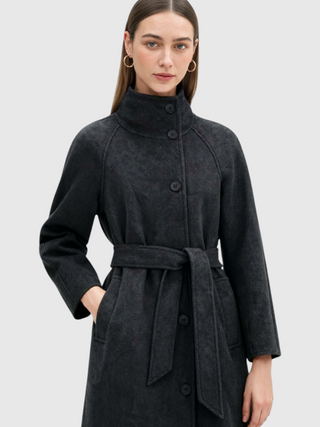 Gray Long Women's Winter Coat with Stand Collar