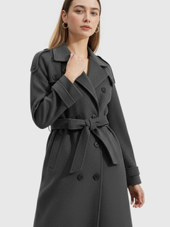 Women's Long Gray Double-Breasted Trench Coat with Belt