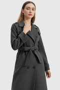 Women's Long Gray Double-Breasted Trench Coat with Belt