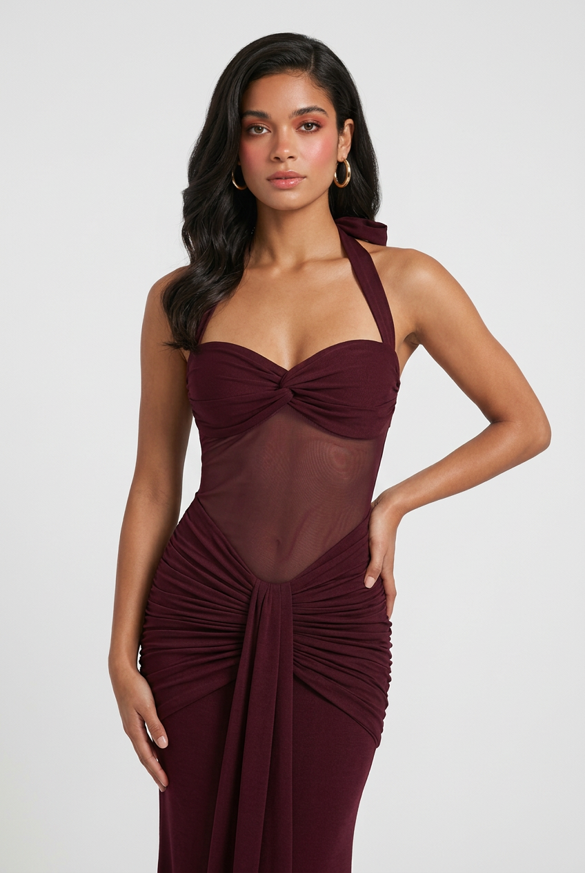 Maxi Dresses : Halter Maxi Dress for Women - Wine Red, Contoured Fit, Perfect for Evening Parties in van Vanda Liamo