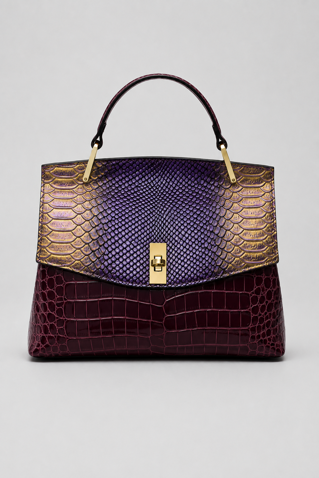 High-Shine Embossed Handbag – Structured Silhouette with Polished Turn-Lock Clasp