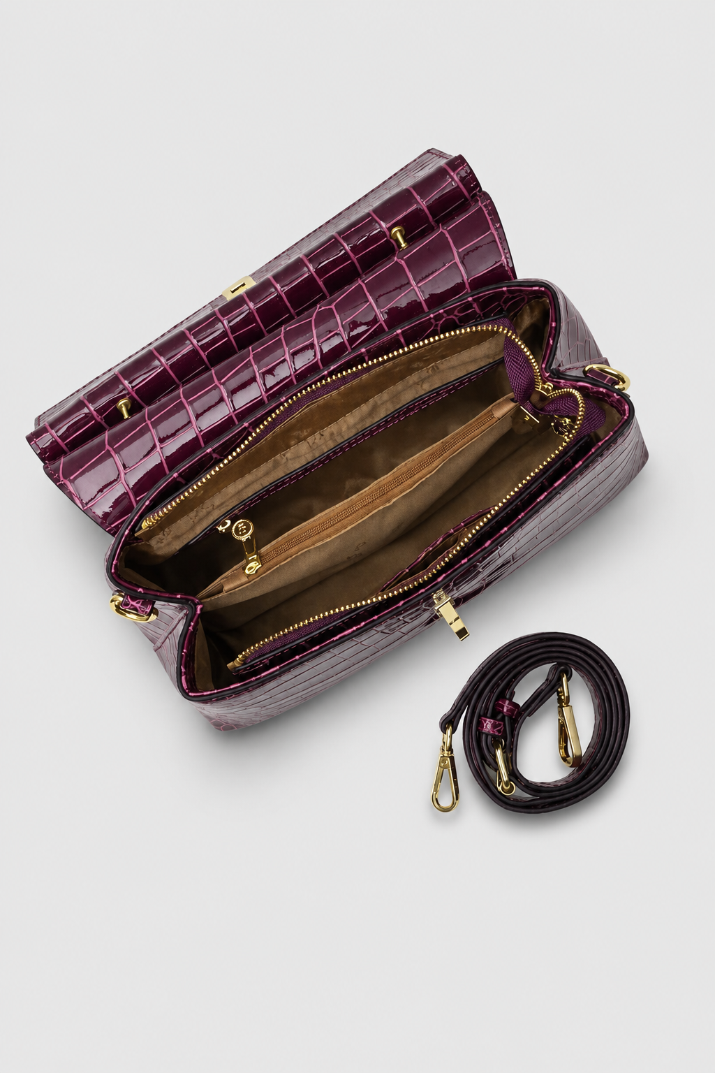 High-Shine Embossed Handbag – Structured Silhouette with Polished Turn-Lock Clasp