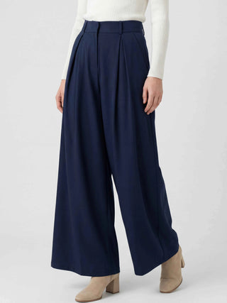Women's High-Waisted Wide-Leg Navy Pants - Comfortable & Stylish