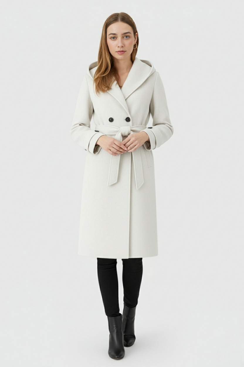 Coat : Long Beige Coat with Hood in van Vanda Liamo