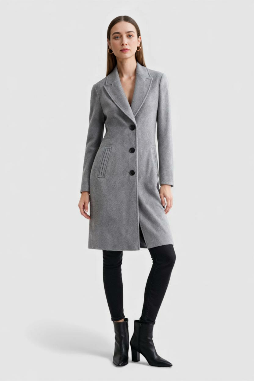 Coat : Long Women's Gray Coat with Lapel in van Vanda Liamo