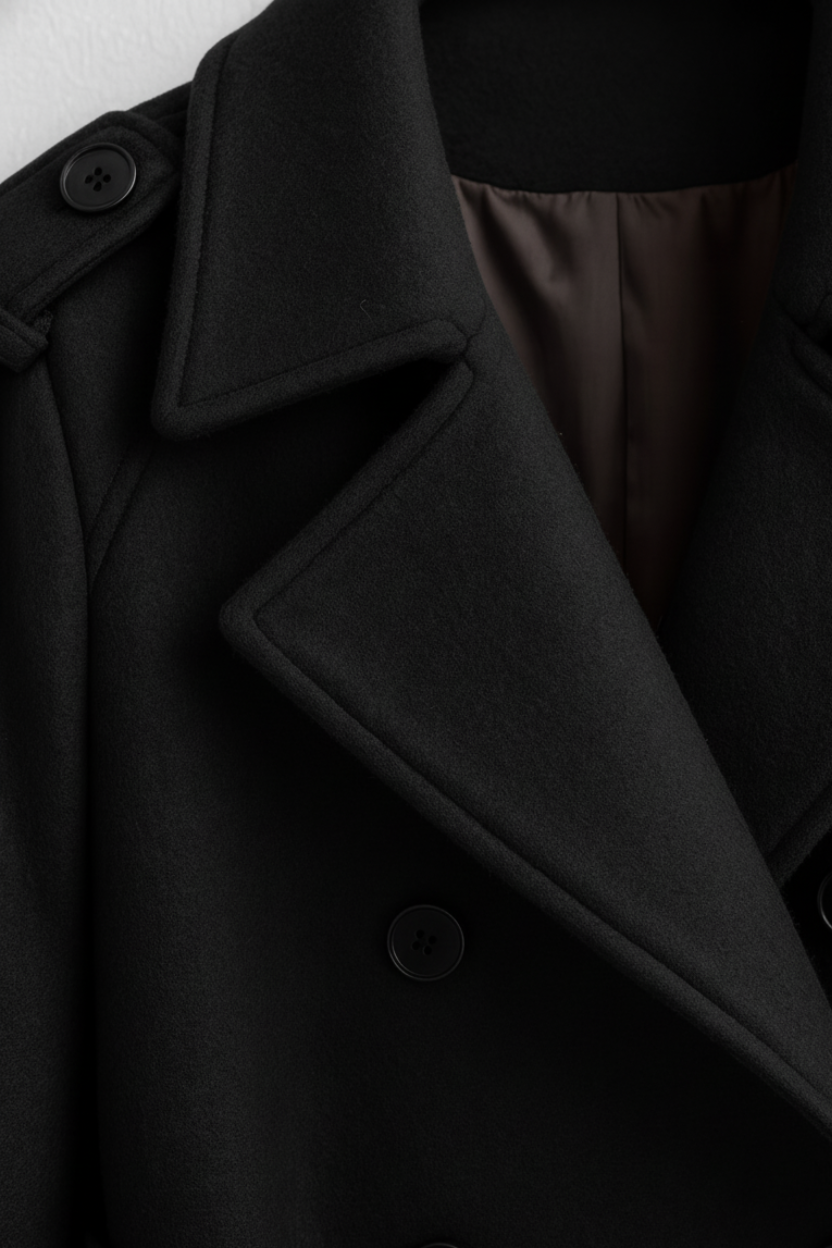 Coat : Women's Black Long Wool Blend Winter Coat with Belt, Pockets & Notched Lapel in van Vanda Liamo